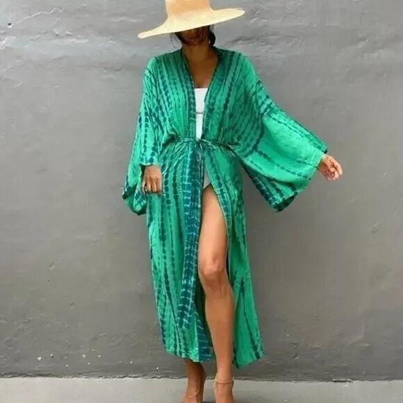 New Boho Flowy Ombre Tie Dye Beach Swim Coverup Maxi Duster Front Tie Green B500 - Picture 3 of 14